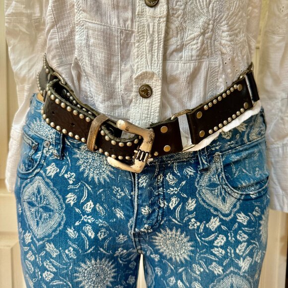 Leatherock Accessories - Very Worn Studded Black Leather Belt Leatherock